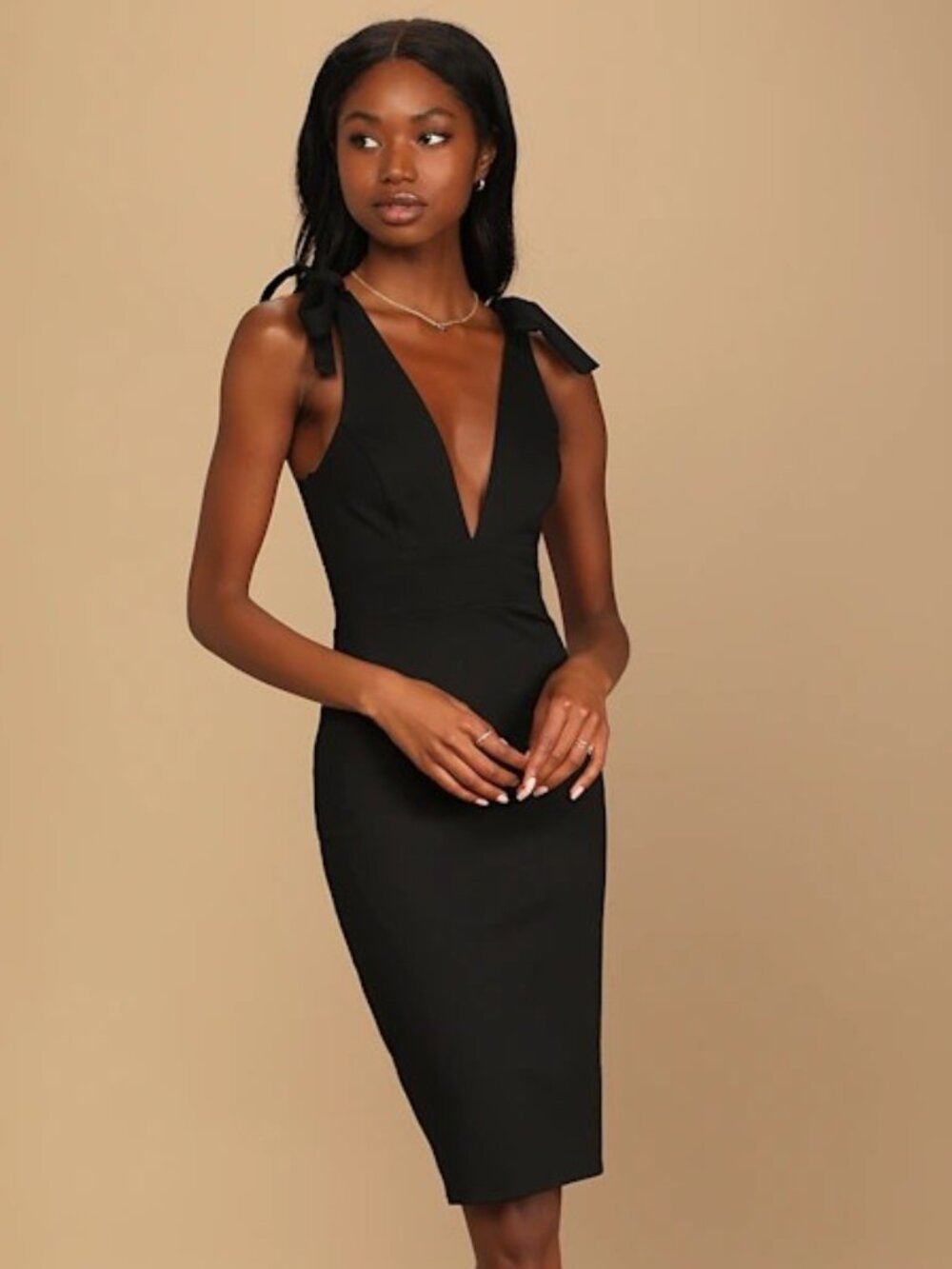 Lulus Date Night Done Right Black Tie-Strap Bodycon Midi Dress